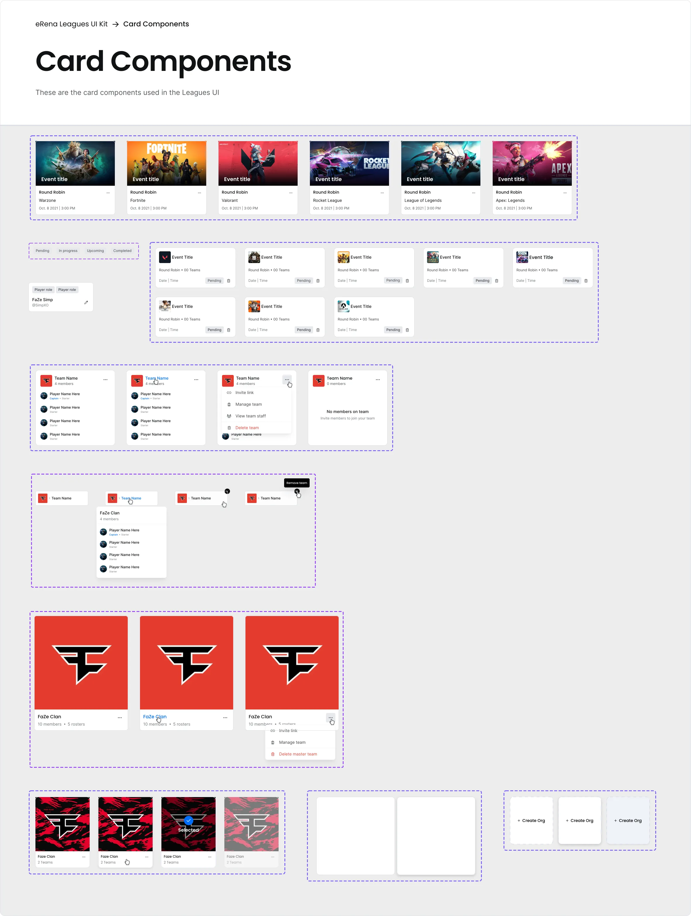 Documentation showing variations of card components